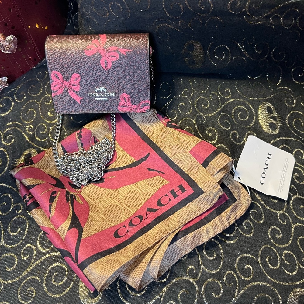 Coach Safiano Brown & Pink Bow Micro Mini Crossbody w/Silk Scarf (2pcs) - Picture 3 of 16